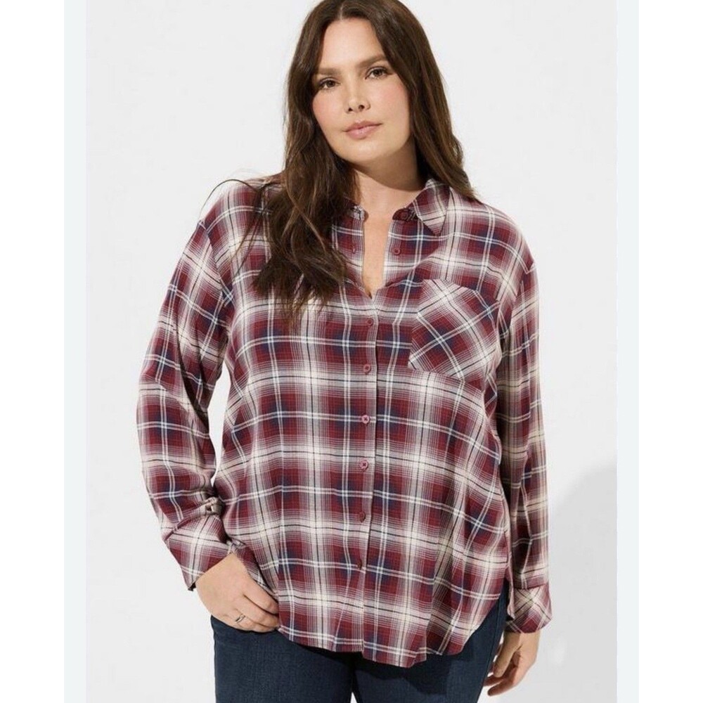 Torrid Burgundy Navy Plaid‎ Button Front Long Sleeve Preppy Blouse Women Sz 3X